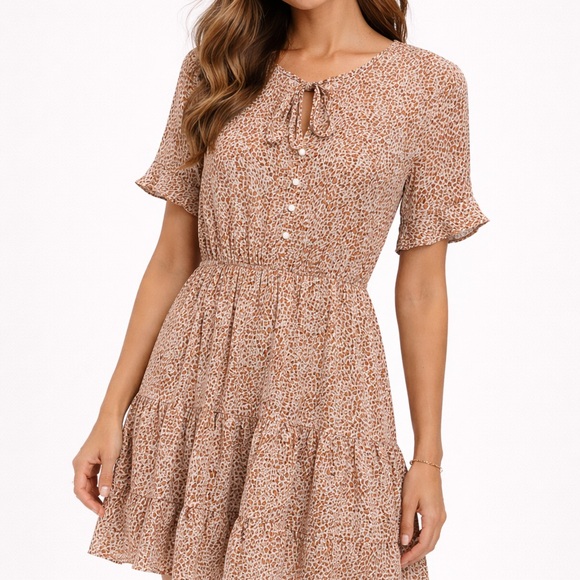 Kirundo Leopard Tan Brown Print Tiered Dress Tie Neck Short Sleeve Size M - Picture 2 of 7